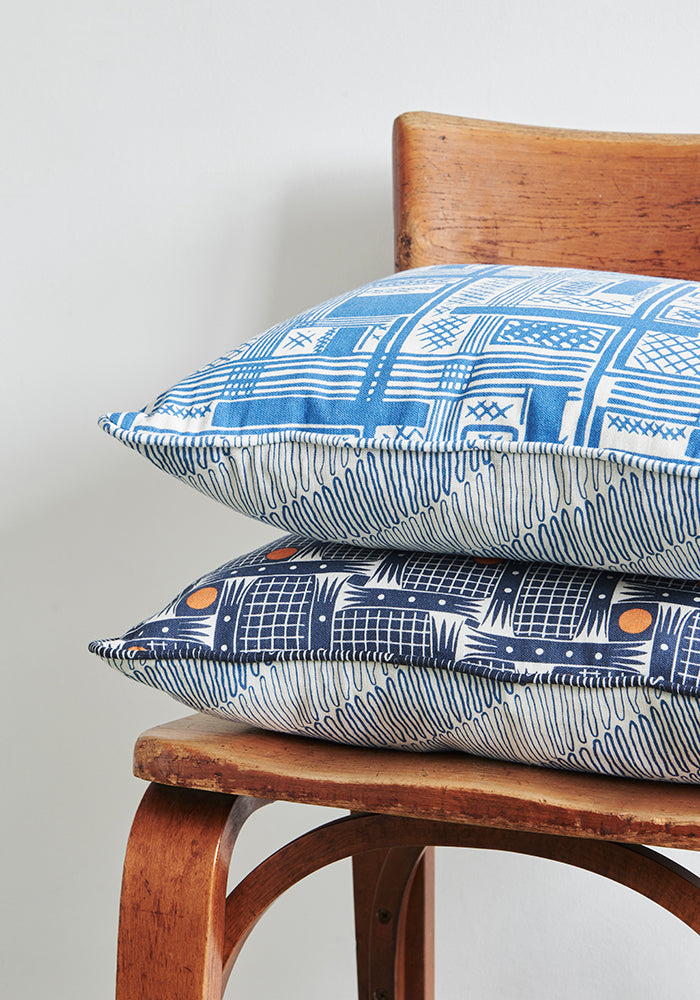 Snowden Flood Ira/Agnes BlueTextile on Linen Cushion www.snowdenflood.com