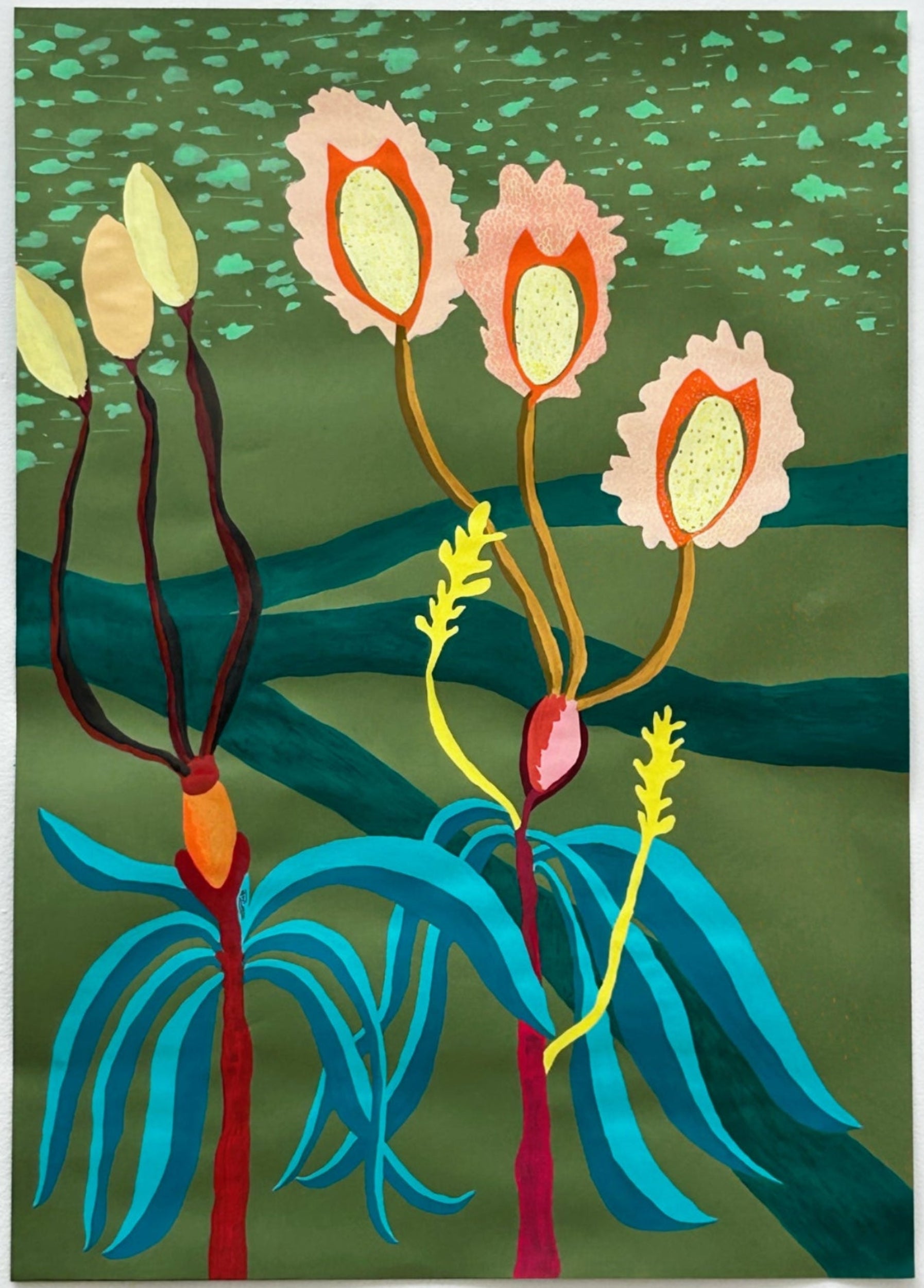 Gouache painting by Snowden Flood of colourful abstracted botanical forms