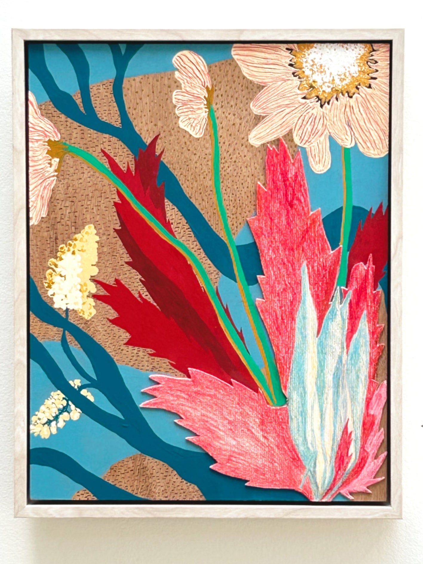 Colourful painting with collaged elements, by artist Snowden Flood of abstracted invented botanical forms