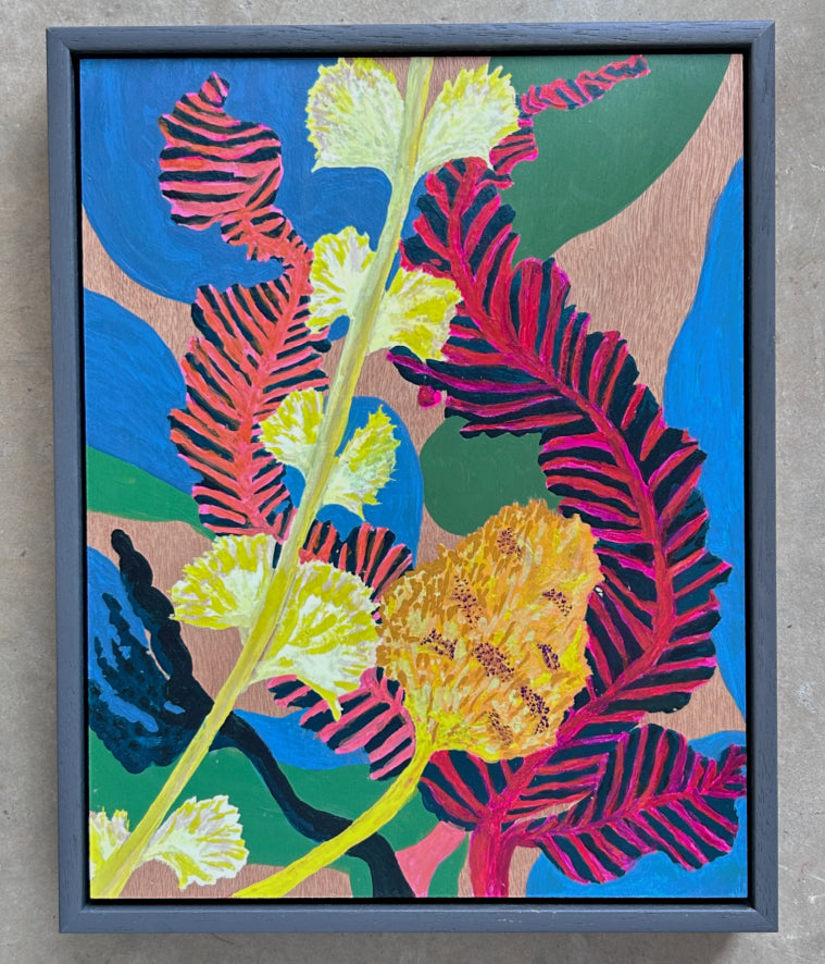 A painting by artist Snowden Flood of colourful abstracted botanical elements on a wooden panel