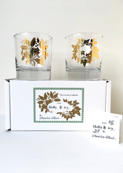 Snowden Flood golden Holly & Ivy set of two glasses