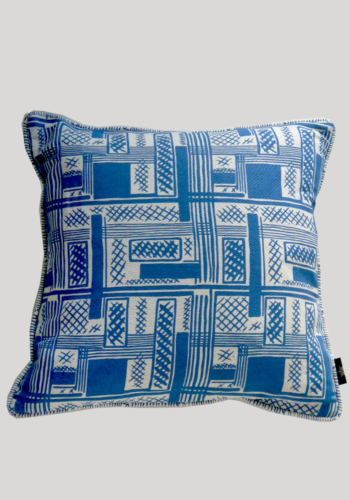 Snowden Flood Ira/Agnes BlueTextile on Linen Cushion www.snowdenflood.com