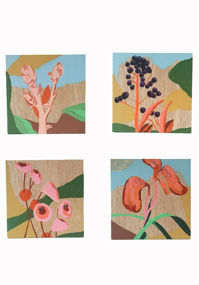 A set of three tiny paintings on wood: Houblon, Volubilis, Epipyhlle and Cymbalaire